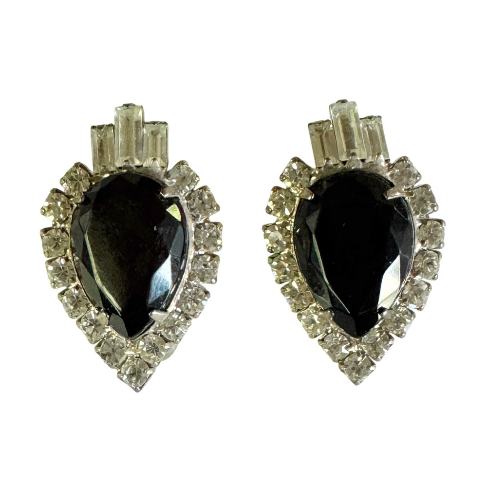 Vintage Jet Crystal & Diamante Rhinestone Statement Earrings, Old Hollywood Glam